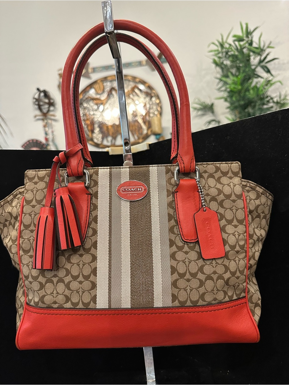 Coach Cadence Legacy Signature Carryall Canvas Tote with Coral Red Leather Trim